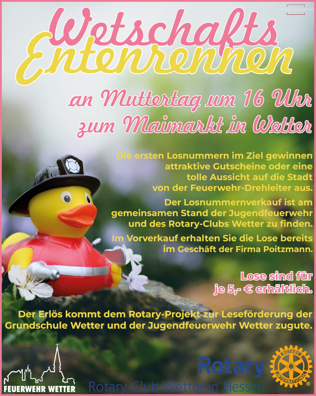 Maimarkt Entenrennen des Rotary Club Wetter und der Feuerwehr Wetter auf der Wetschaft zu Muttertag am 11. Mai 2025 um 16 Uhr