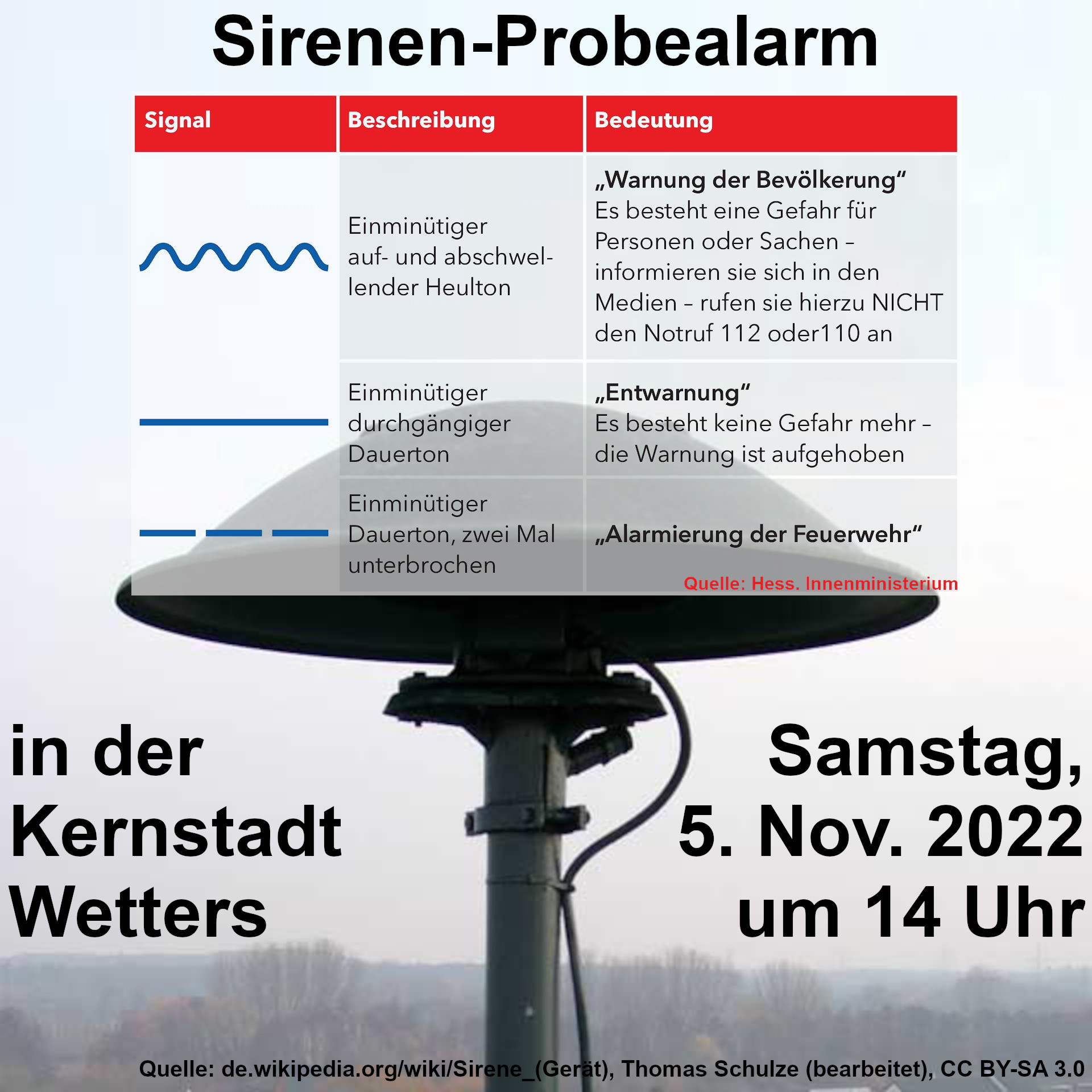 Probealarm-Sirenensignal in der Kernstadt Wetters am 5.11.22